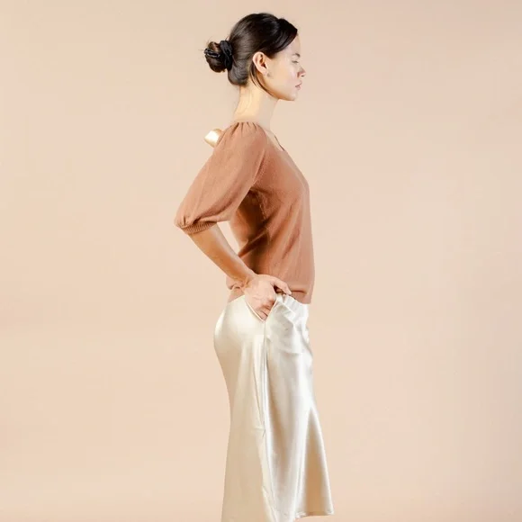 Puff Sleeve Cashmere Sweater w Silk Bow, Square Neck Knit, Silk Bow Tie Back - Picture 5 of 12